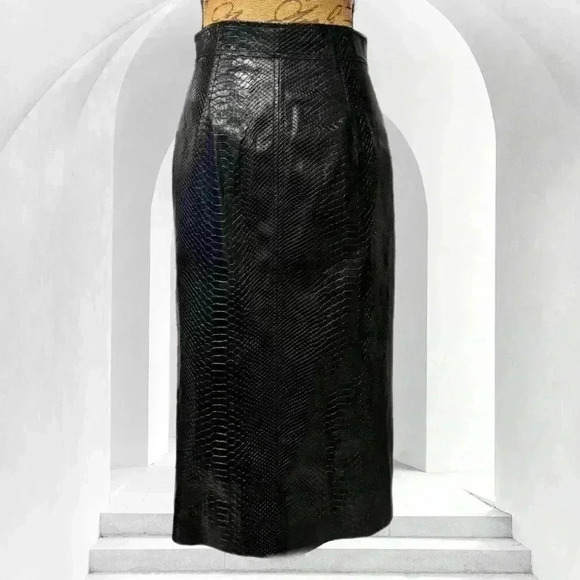 REBECCA TAYLOR black faux leather croc embossed midi skirt ruffle button 4 - Picture 2 of 6